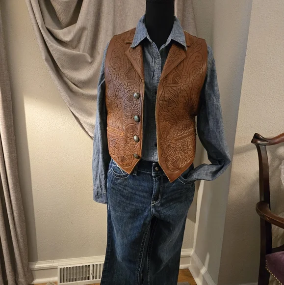 Ralph Lauren Country HAND TOOLED Vintage Congac Vest Ca. Late 80s/mid 90s RARE - Picture 5 of 16